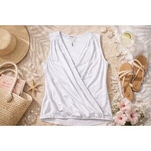 Renee C White Surplice Top | Made in USA | Cotton Stretch | Size L | NWT